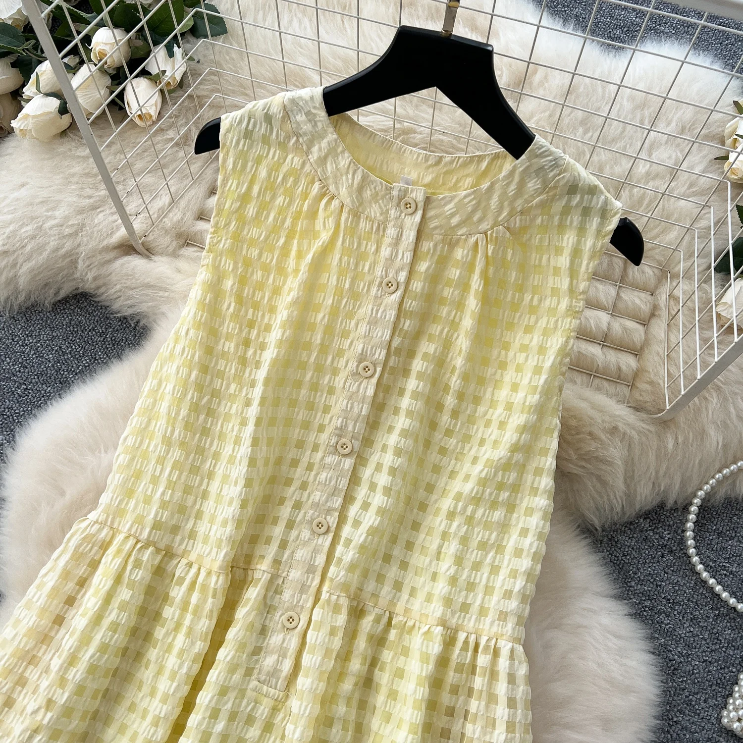 Clothland feminino doce camisa amarela vestido xadrez xadrez sem mangas uma peça feminina bonito midi vestidos mujer qe053