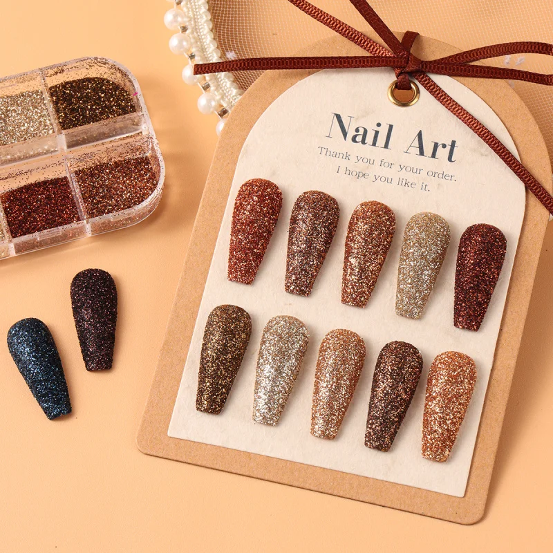 Brillo de uñas marrón café brillante, polvo de azúcar fino, copos de pigmento cromado brillante, diseños de uñas para Otoño e Invierno, accesorios de decoración