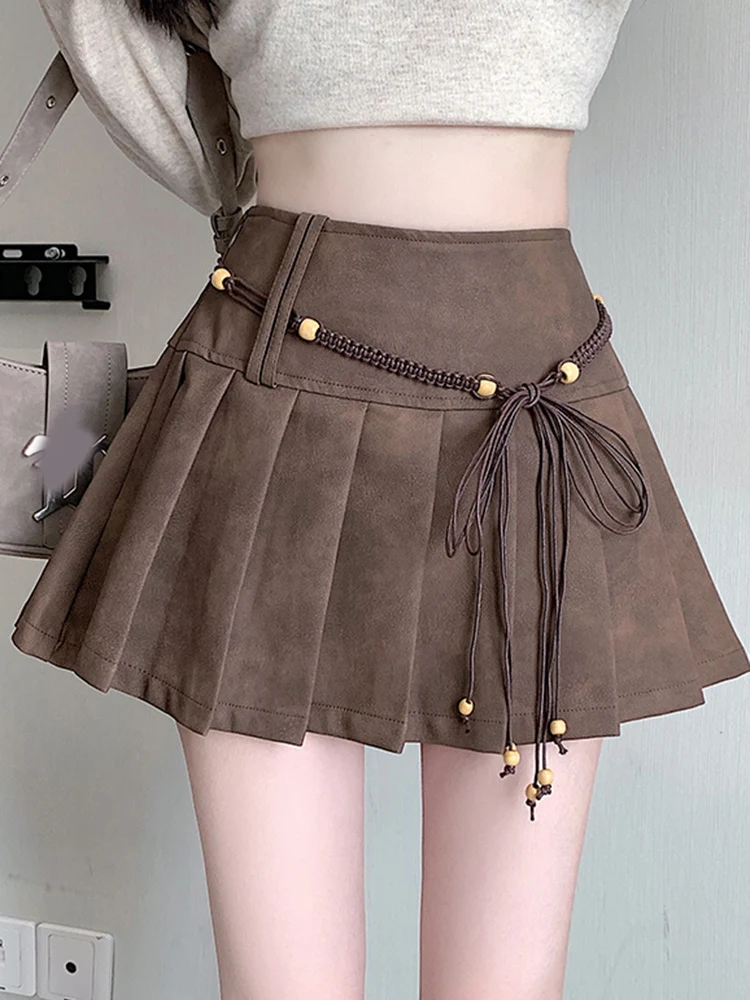 조키 푸 섹시 플리츠 스커트 여성 하이웨이스트 빈티지 미니 A라인 스커트 가을 겨울 캐주얼 프레피 스타일 여성 스위트 레트로 스커트