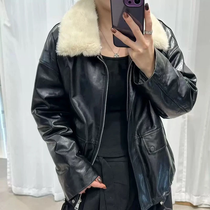 Doudoune en cuir marron hiver dames de luxe col de fourrure de vison 90 duvet d'oie blanche ample chaud cireux manteau en peau de mouton Doudoune Femme