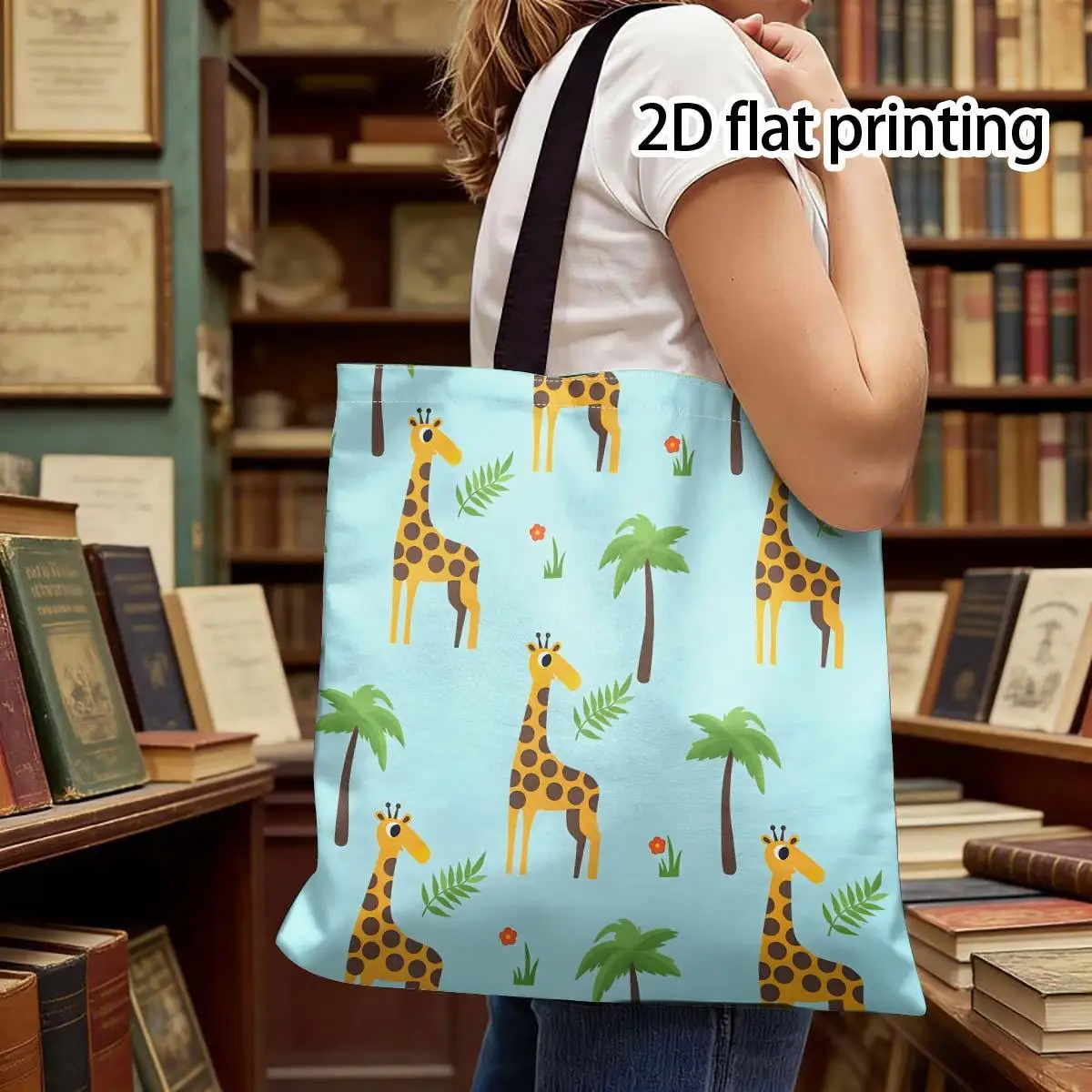 1pc [Tote Bag] 2D Flat Effect, Light Blue Background Cartoon Giraffe And Palm Tree Playful All-Over Print Tote Bag, New Large Ca
