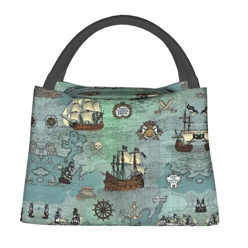 Custom Pirate Map Nautical Sea Print Lunch Boxes for Skull Sailor Thermal Cooler Food Insulated Lunch Bag Work Pinic Container