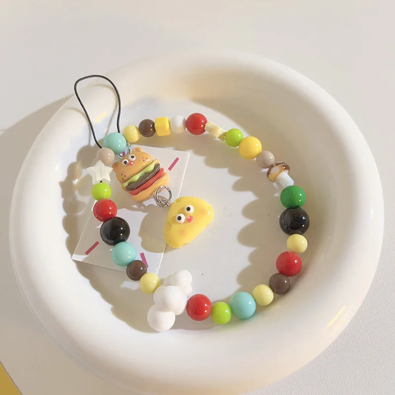 

1 Cute cartoon burger bear cheese mobile phone lanyard jewelry beaded short bracelet chain earphone cover lanyard female