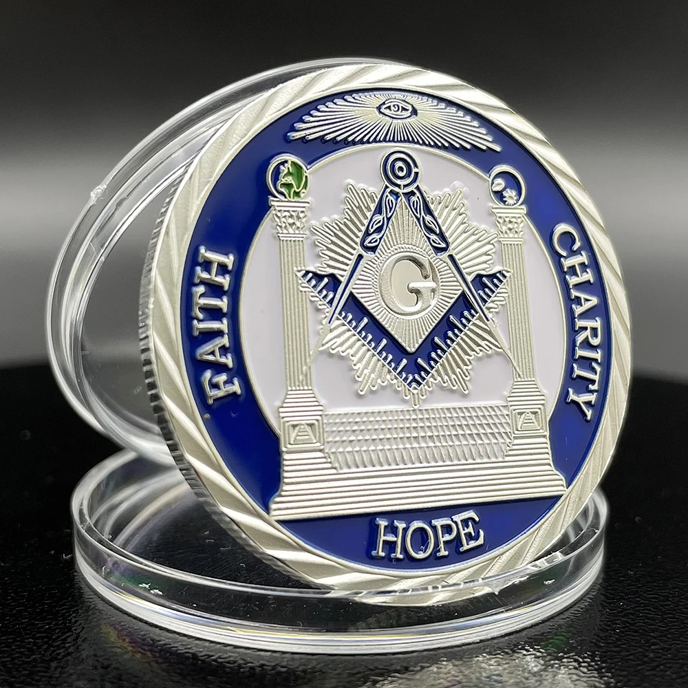 Masonic Freemason Silver Coin Brotherhood Challenge Coin Faith Hope Charity Badge Token in Capsule Souvenir