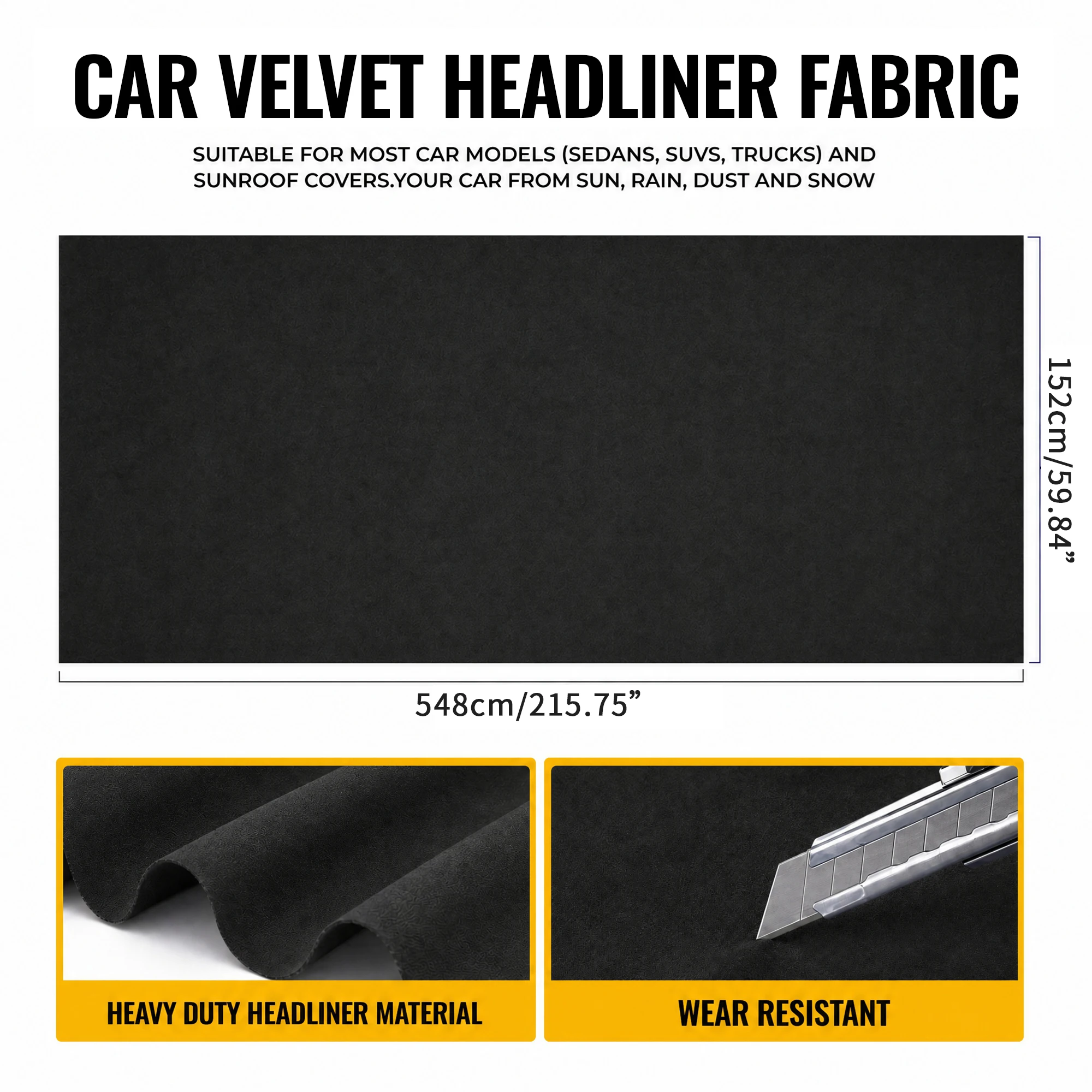 Uxcell 548x160cm Velvet Fabric Headliner Fabric Auto Interior Trim Roof Lining Replacement Foam Backing for Car Truck SUV Boat