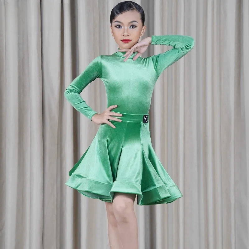 

Профессиональное платье для латинских танцев для девочек, бархатное платье с длинными рукавами, детское платье для танцев ча-ча-ча, одежда для тренировок, топы и юбки