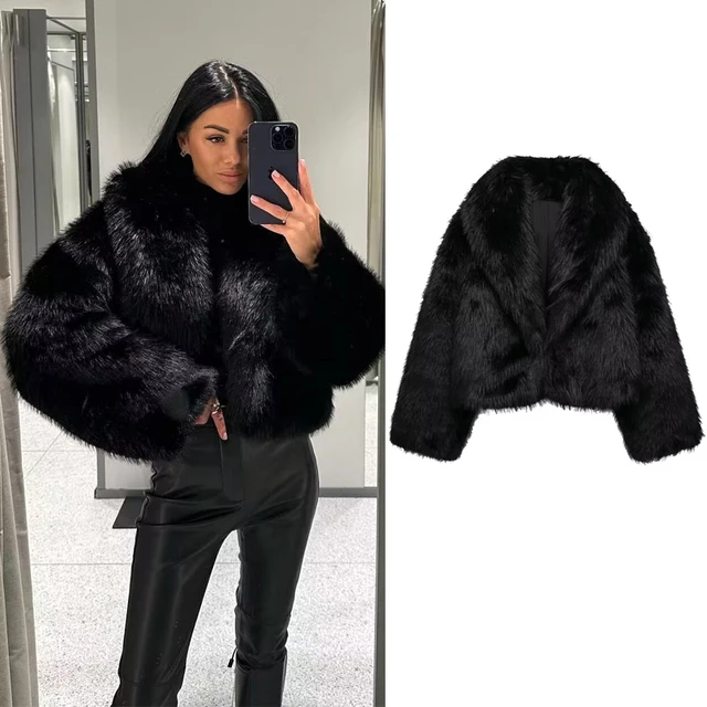 MUJER Czarny płaszcz ze sztucznego futra dla kobiet Jesienno-zimowe pluszowe płaszcze i kurtki Streetwear Odzież wierzchnia z długim rękawem Ciepłe płaszcze damskie