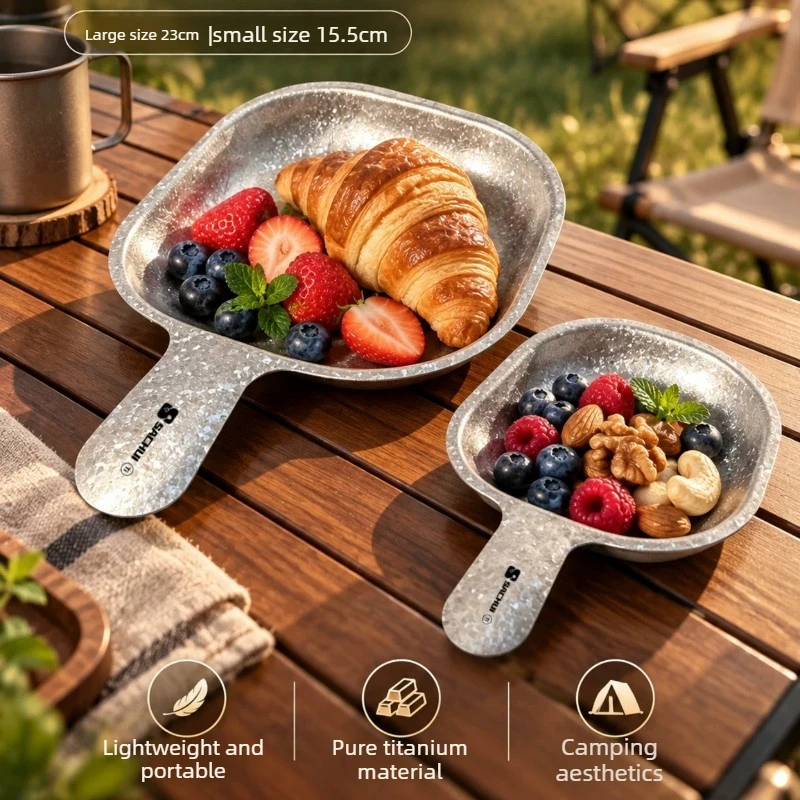 Pure Titanium Plate with Handle Outdoor Camping Snack Plate Picnic Side Dish Tray Nut Serving Tableware Outdoor Camping Supplies