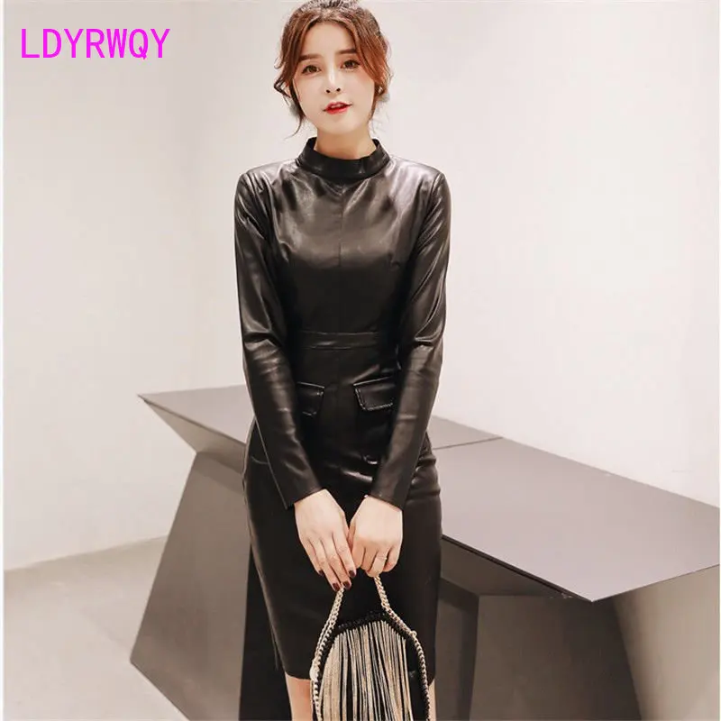 2023 autumn winter clothing  version slim fashion temperament leather coat bottomed long sleeve hip bag pu leather dress women