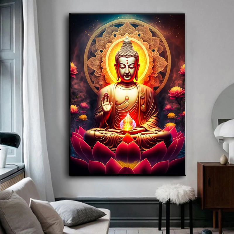 Buddha Statue Lotus Poster Zen Spiritual Meditation Religion Print Canvas Painting Wall Art Picture for Living Room Home Decor