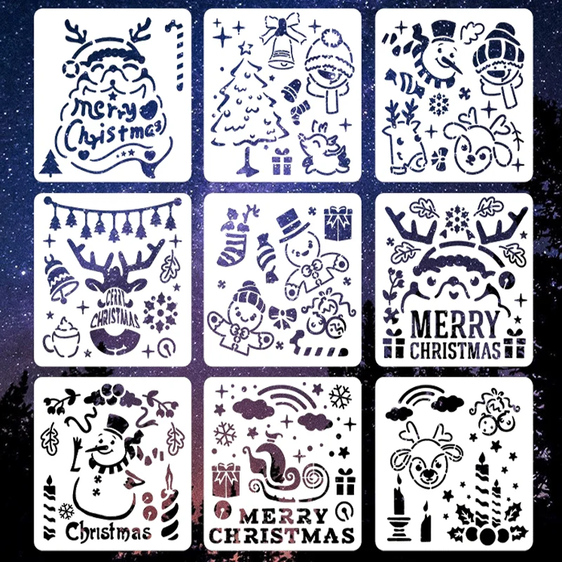 9pcs Christmas Stencils DIY Layering Wall Scrapbooking Journal Coloring Embossing Furniture Floor Decoration Painting Template