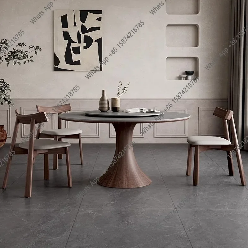 Zc X Wabi Sansan Solid Wood Round Table Modern Light Luxury With Turntable 2025 New Household Grey Italian Round Slate Dining Ta