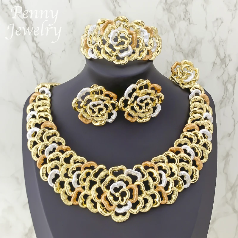 

Flower Design Exaggerated Chunky Collar 4Pcs Jewelry Set for Women Necklace Earrings Bracelet Ring Bridal Wedding Party Gifts