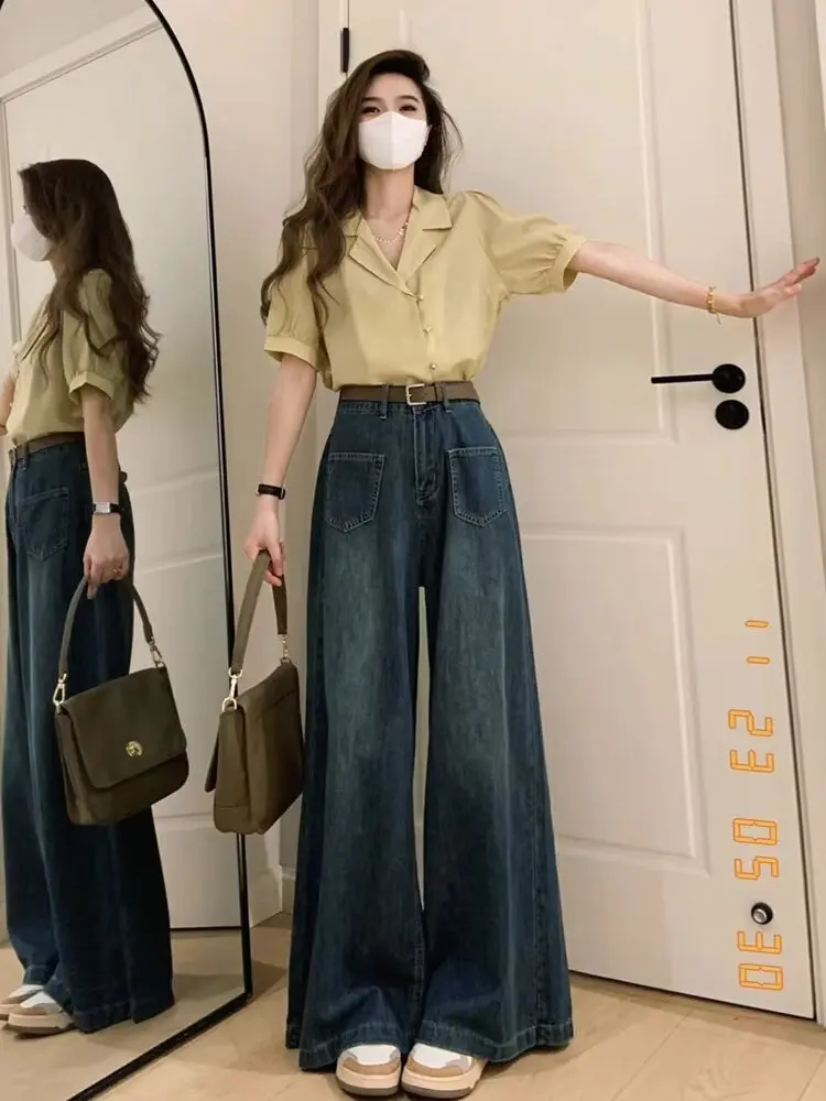 กางเกงทรงบาน กางเกงยีนส์สีขาว สไตล์สตรีท ความยาวครอปถึงข้อเท้า ขาสั้น คาปรี เสื้อผ้าผู้หญิง แฟชั่นเดนิม แฟชั่นพื้นฐาน เรียบง่าย ทุกวัน