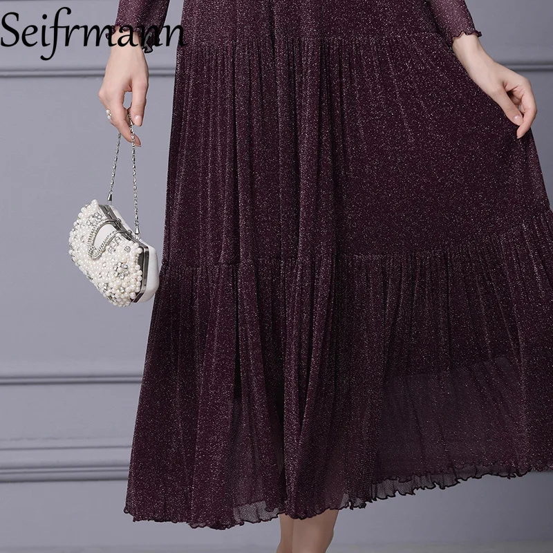 فستان Seifrmann متوسط الطول فاخر من الألماس المتلألئ بطبقات عالية الخصر على شكل حرف a لخريف 2025 منتج جديد