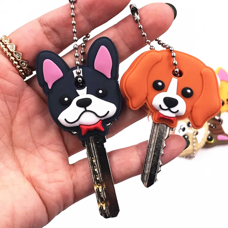 10Pcs/lot Cartoon Cute Key chain Women Man Key Cover Cap PVC Animal Kids Key Ring Cat Character Key Holder Dog Icon Keychains