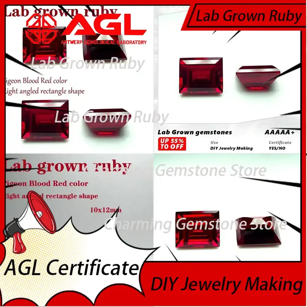 

Lab Grown Ruby Right Angled Rectangle VVS1 Pigeon Blood Red Gemstone for DIY Jewelry Making Materials Certificate for