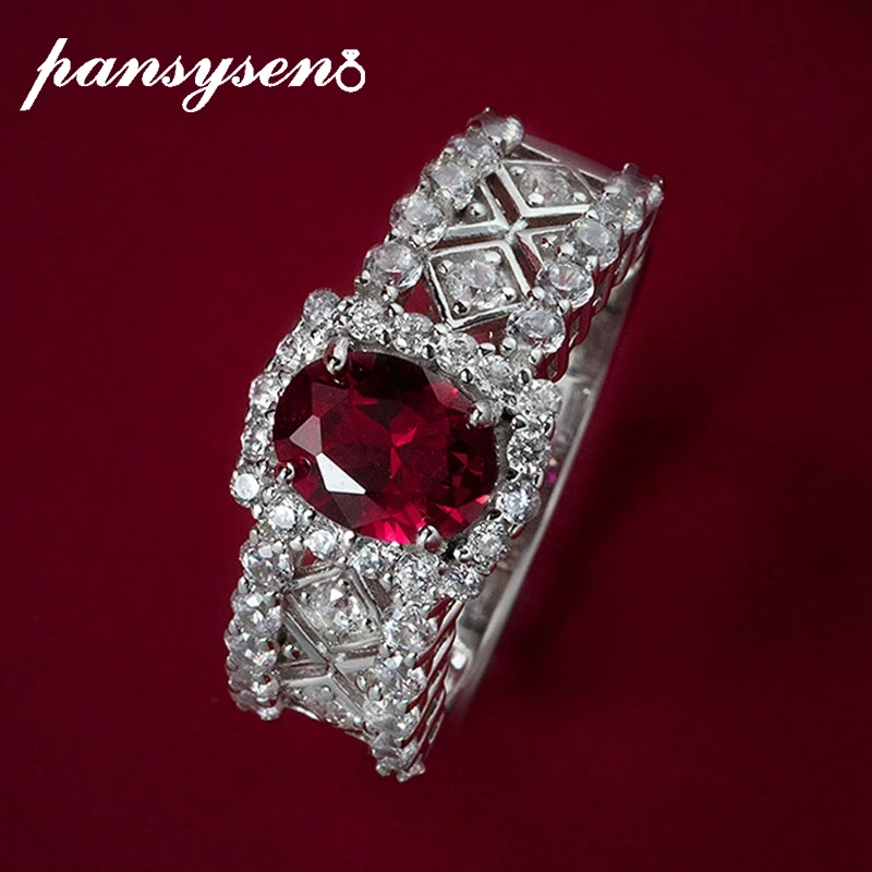 PANSYSEN Vintage Solid Silver 925 Jewelry 6*8MM Oval Ruby High Carbon Diamond Rings for Women Men Wedding Party Gift Wholesale