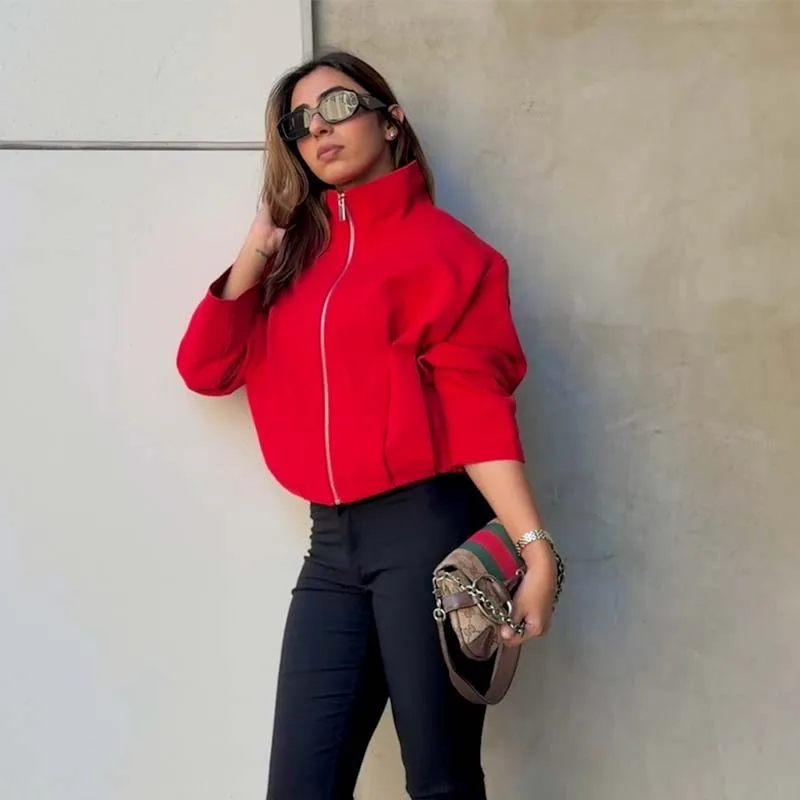 YENKYE New Autumn Women Stand Collar Zip Cropped Jacket Long Sleeve Pleated Waist Solid Red Loose Short Outerwear