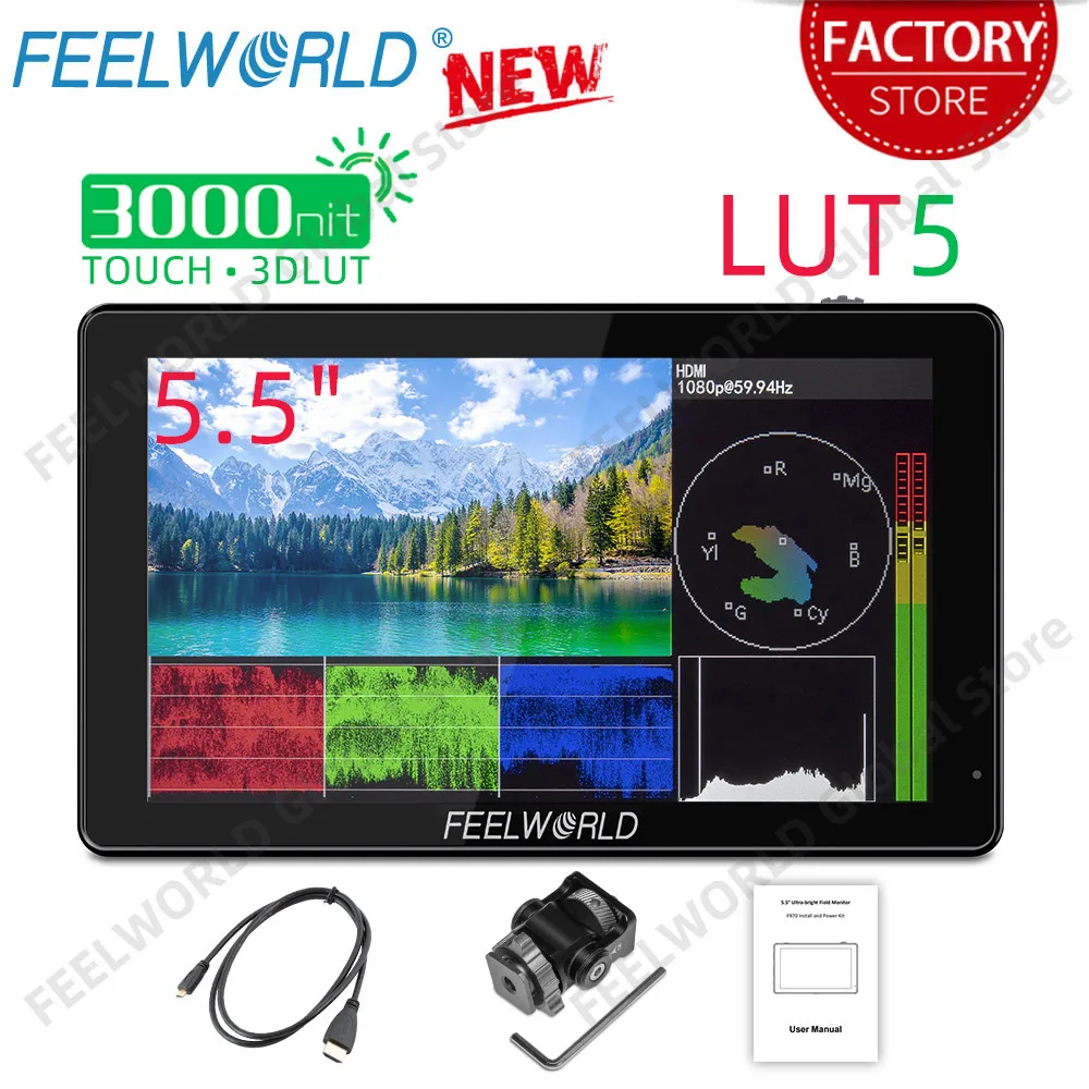 

FEELWORLD LUT5 5.5 Inch 3000nits Ultra Bright DSLR Camera Field Monitor 1920X1080 IPS Touchscreen HDR 3D LUT Waveform 4K HDMI