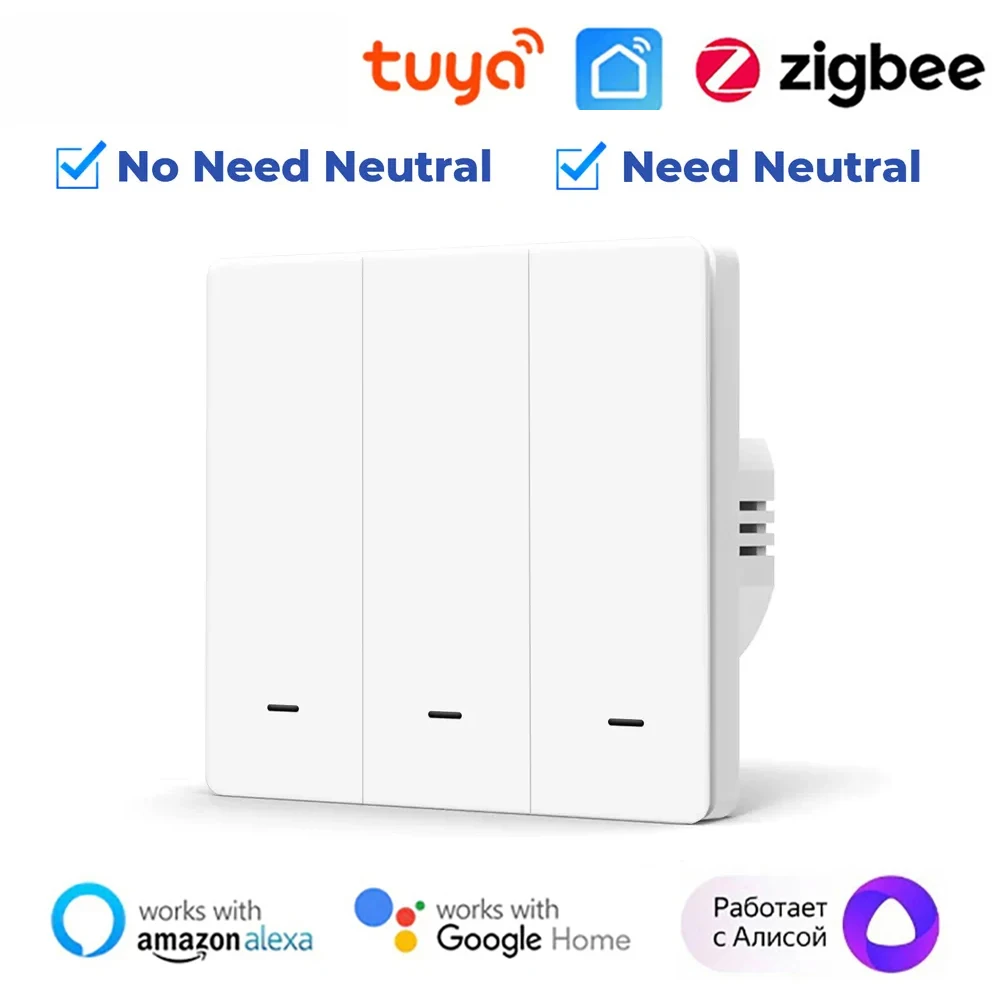 2000W Tuya EU UK Smart Zigbee Light Switch Push Button No/With Neutral Wire Switch Smart Life Via Alexa Google Home Yandex Alice