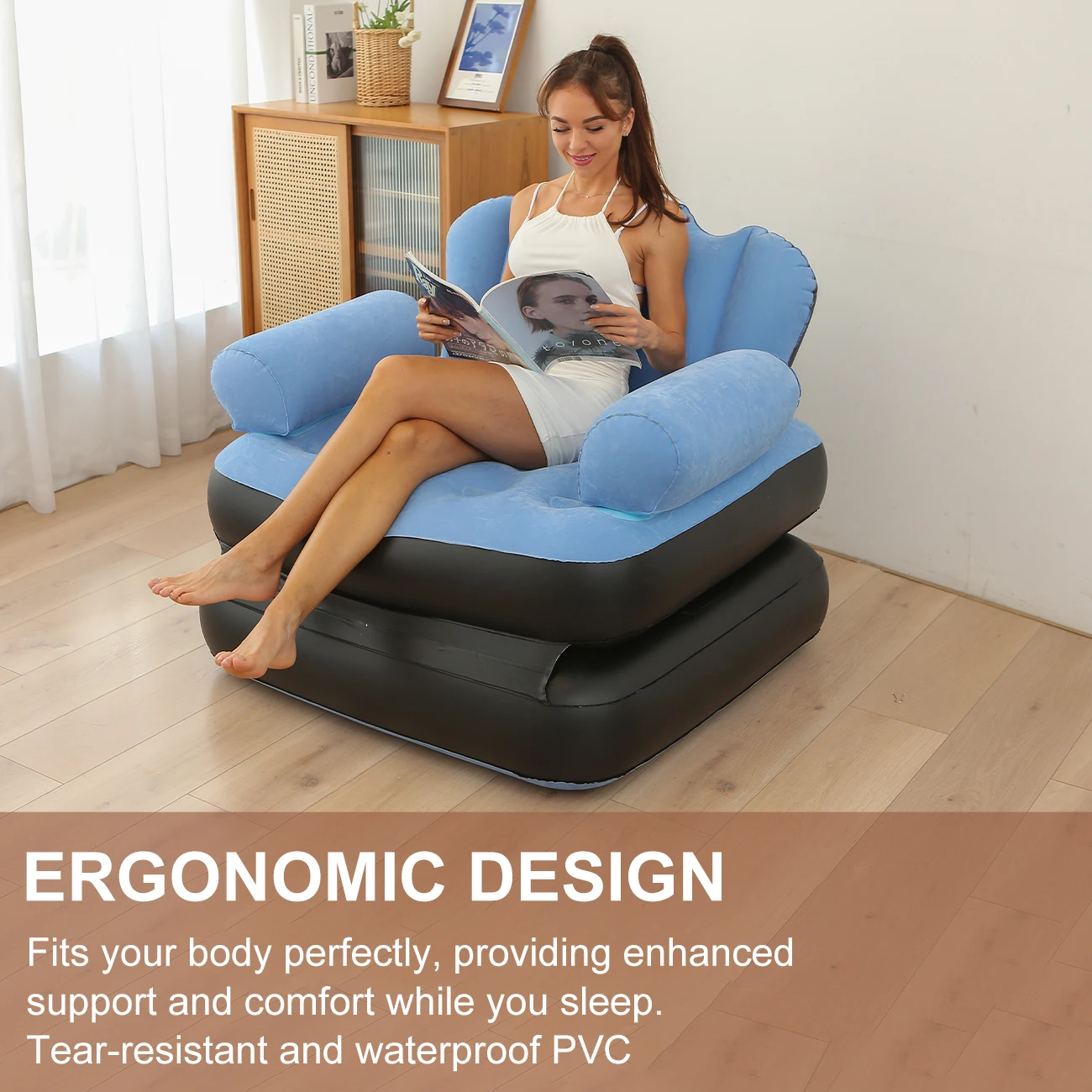 1PC Light Blue & Coffee Inflatable 5-in-1 Sofa – Soft and Comfortable for Home, Garden, and Outdoor Use image 3