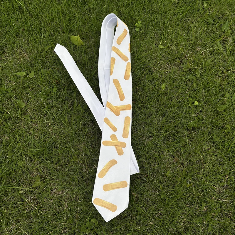 Y Demo Novelty Band-Aid Print Handmade Tie White Funny Bandage Pattern Slim Necktie Casual Accessory