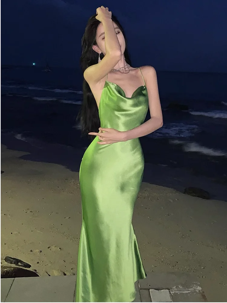 Новое женское летнее платье на бретелях для пляжной вечеринки, длинное однотонное простое женское нежное повседневное длинное платье без рукавов для милых девочек 2025 WH16