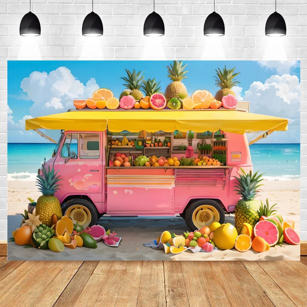 

Summer Beach Photography Backdrop Tropical Seaside Beach Fruit Truck Store Holiday Party Kids Portrait Background Photo Studio