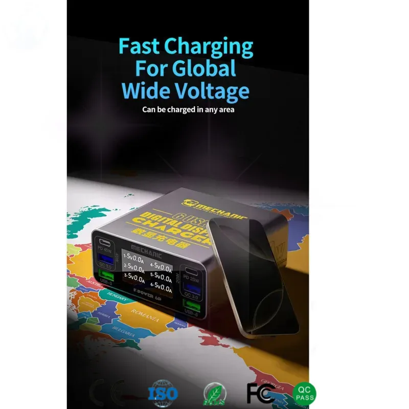 

Mechanic Fast CharingStation Digital Display 40W 6 Ports QC3.0 USB Charger for IPhone/ Xiaomi All Phones Smart Watches F-Power 6