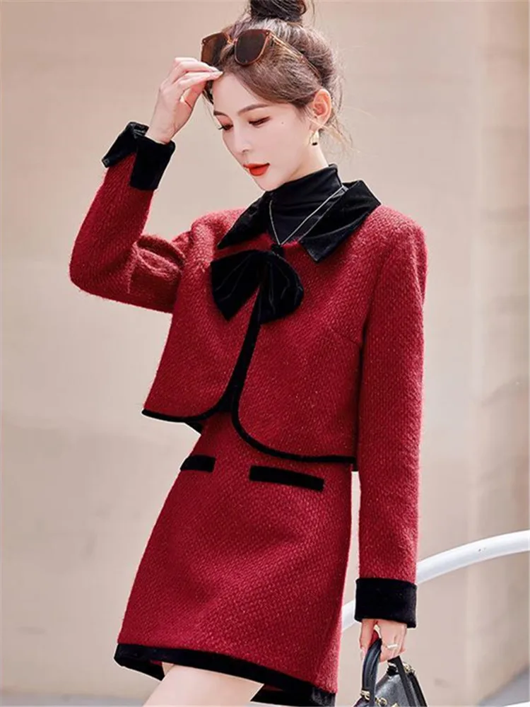 2025 New Tweed Style Women's Woollen Short Jacket Skirt 2-Piece Set Padded Shoulder Length Fashion Dresses Conjuntos Femininos