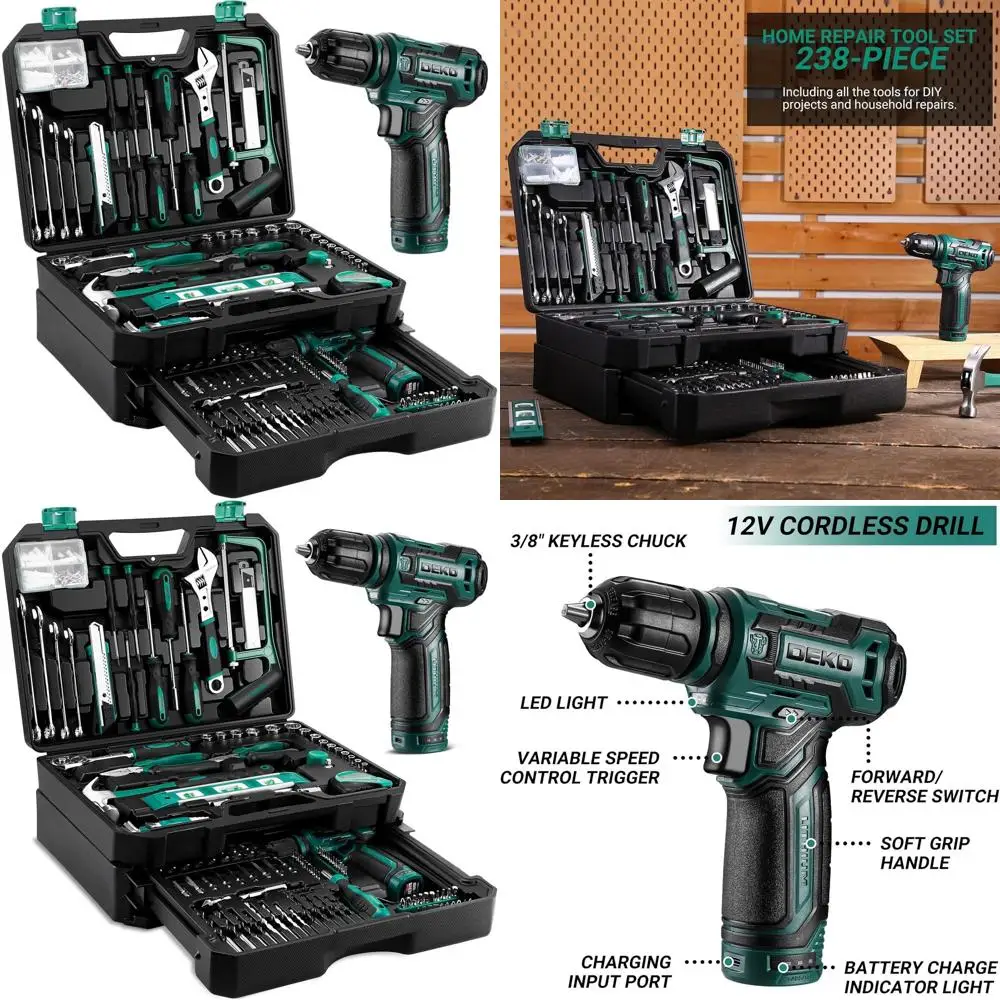 

Аккумуляторная дрель-шуруповерт 12 В с набором инструментов и кейсом для домашнего ремонта, зеленая