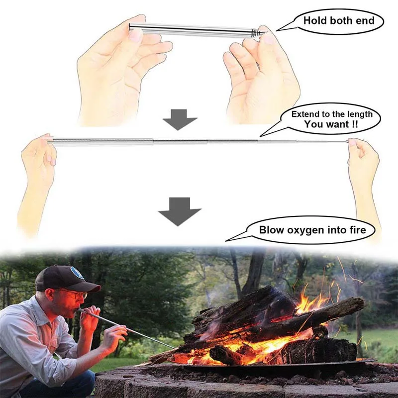 Outdoor Camping Blow Fire Tube, Tubo de fogo dobrável de alta eficácia, Tiny Beach Garden Tool, Equipamento de acampamento, Soprando Fire Stick