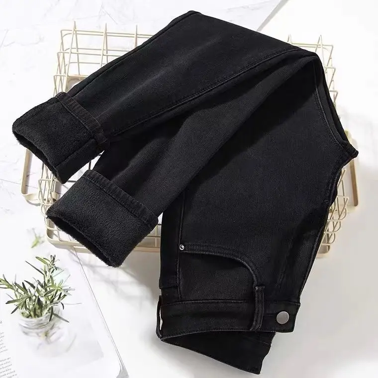 High Waist Fleece Lined Women's Jeans Slim Fit Outerwear Winter Warm Pencil Pants Cotton Denim Trousers for Students