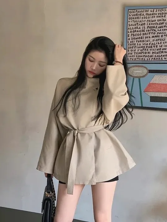 Slimming Effect Korean Design Sle Women's Windbreaker Jaet Vintage Hong Kong Sle High Quali Belted Mid-Length Leather...