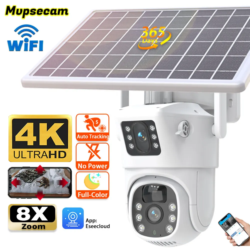 4K WIFI Solar Panel Camera Wifi Outdoor CCTV 8MP Camara PIR Humanoid Detection Night Vision Security Protection Built in Battery