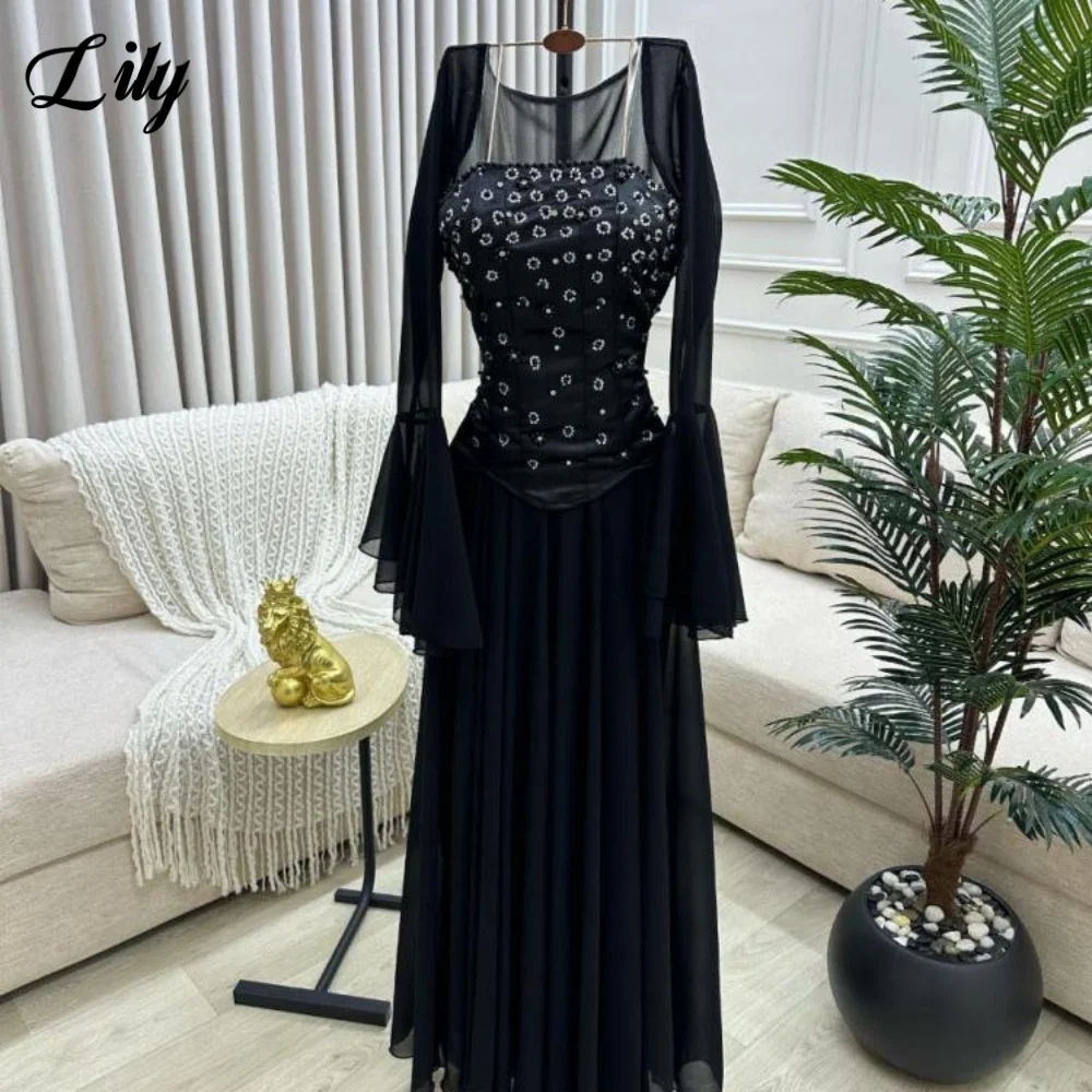 

Lily luxurious Black Party Dress with Beadings Off the Shoulder Evening Gowns Sequin Full Sleeve Prom Dress for Women Customized
