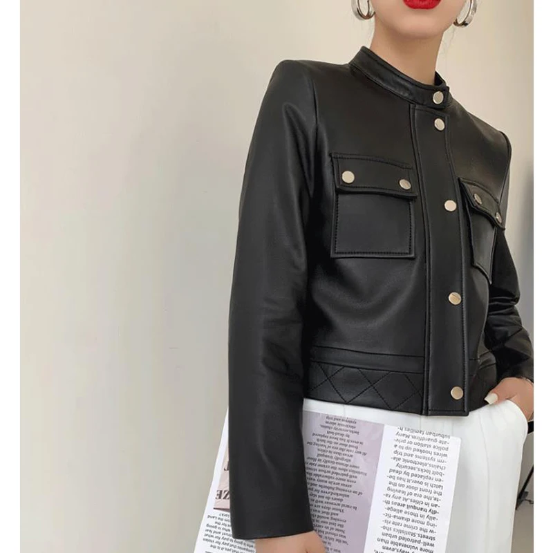 Women's Moto Biker Zipper Jacket Spring New Genuine Sheepskin Stand-up Collar Vintage Slim Black Short Coats Blouson Cuir Femme