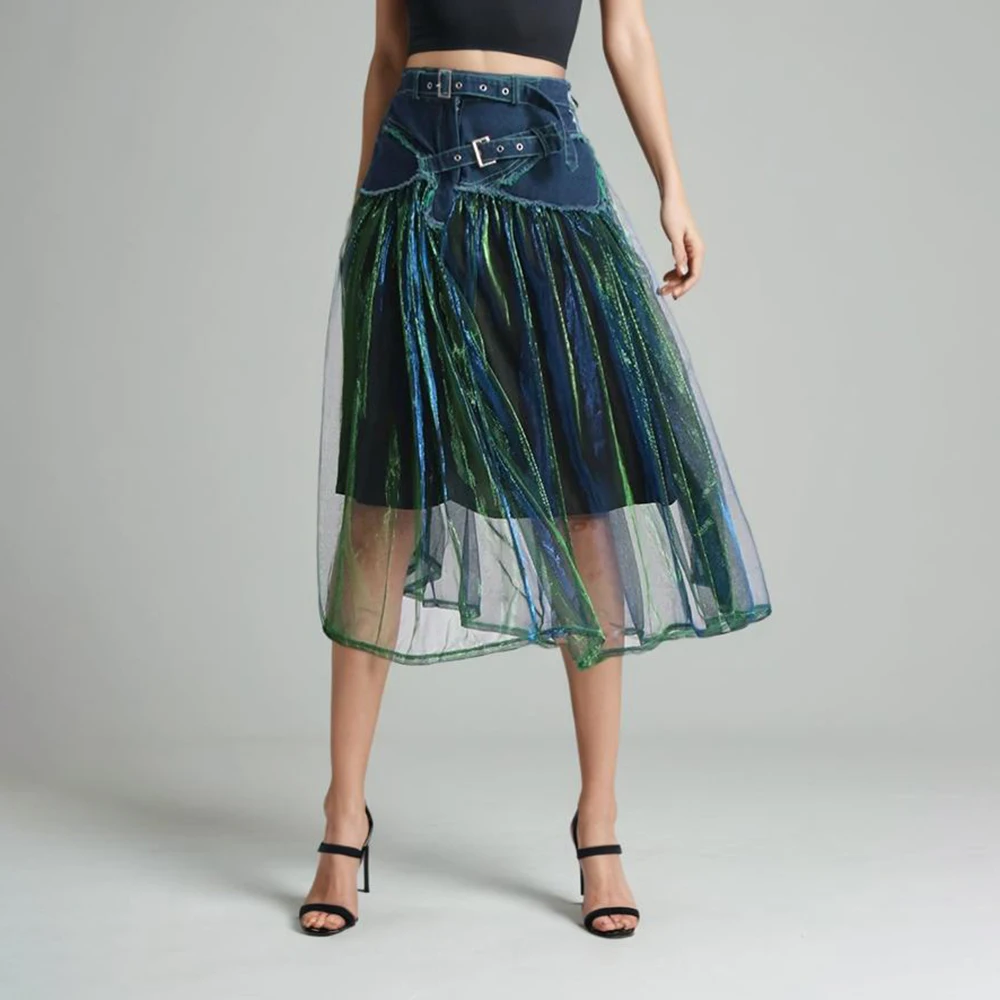 

Patchwork Denim Casual A Line Skirts For Women High Waist Spliced Sheer Mesh Vintage Fashion Loose Skirt Female Clothing New