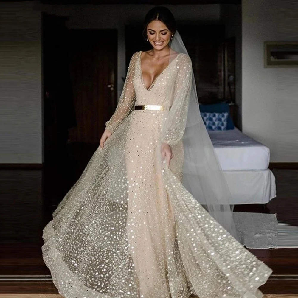 Gorgeous Exquisite Beading Long Sleeved A-Line Vintage Wedding Dresses New 2023 V-Neck Lace Appliques Beautiful Stunning Robe