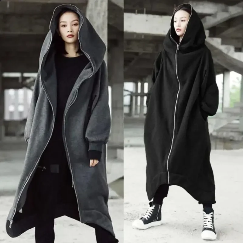 

Women Oversized Hooded Long Overcoat Plus Velvet Sweater Outerwear Autumn Winter Solid Zipper Maxi Loose Hoodies Sweatshirt Coat