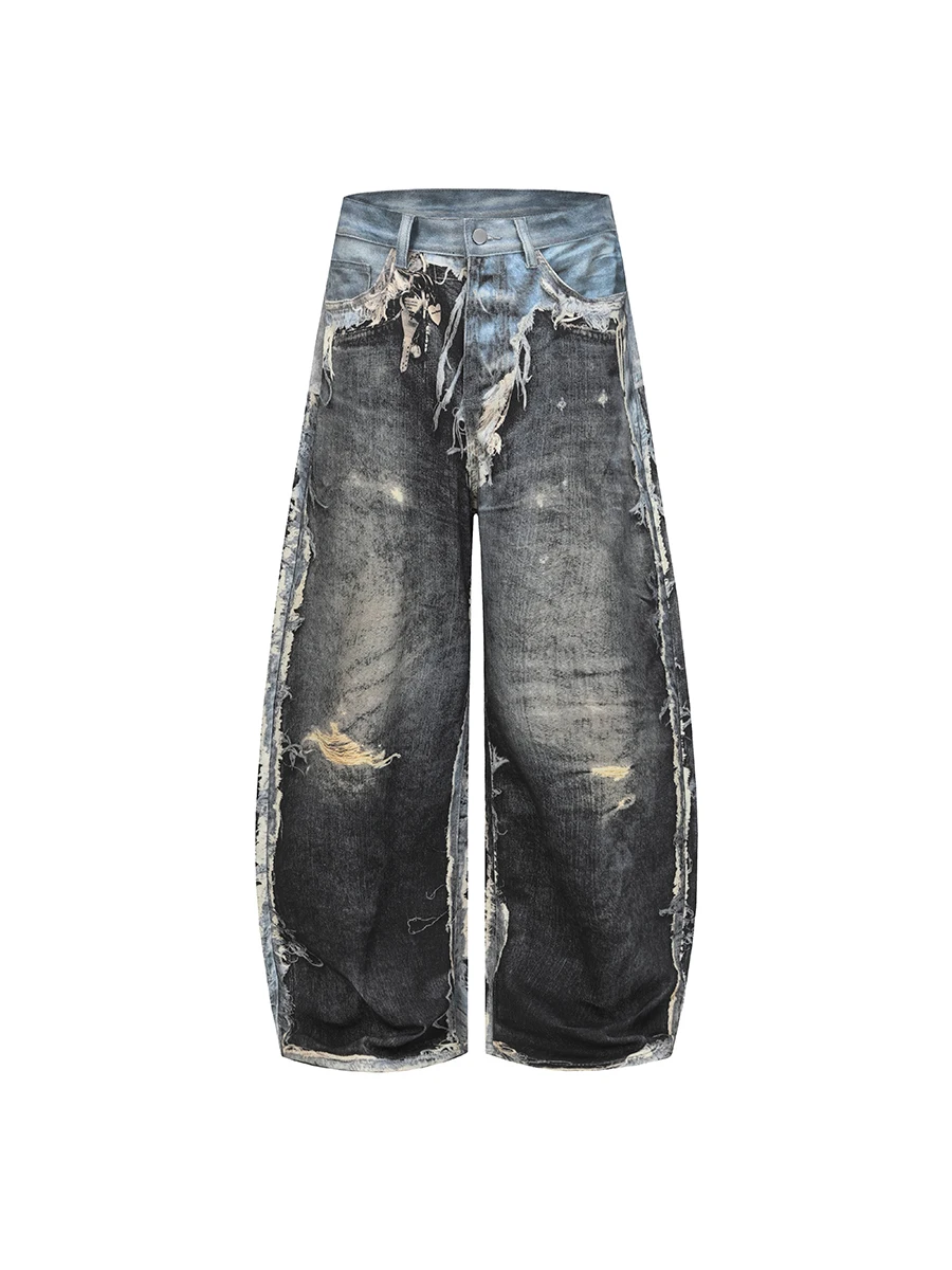 

American Sle Destroyed Feeling 3D Digital Print Proc Bent Knife Jeans Loose Wide Leg Long Trousers Casual Comfortable