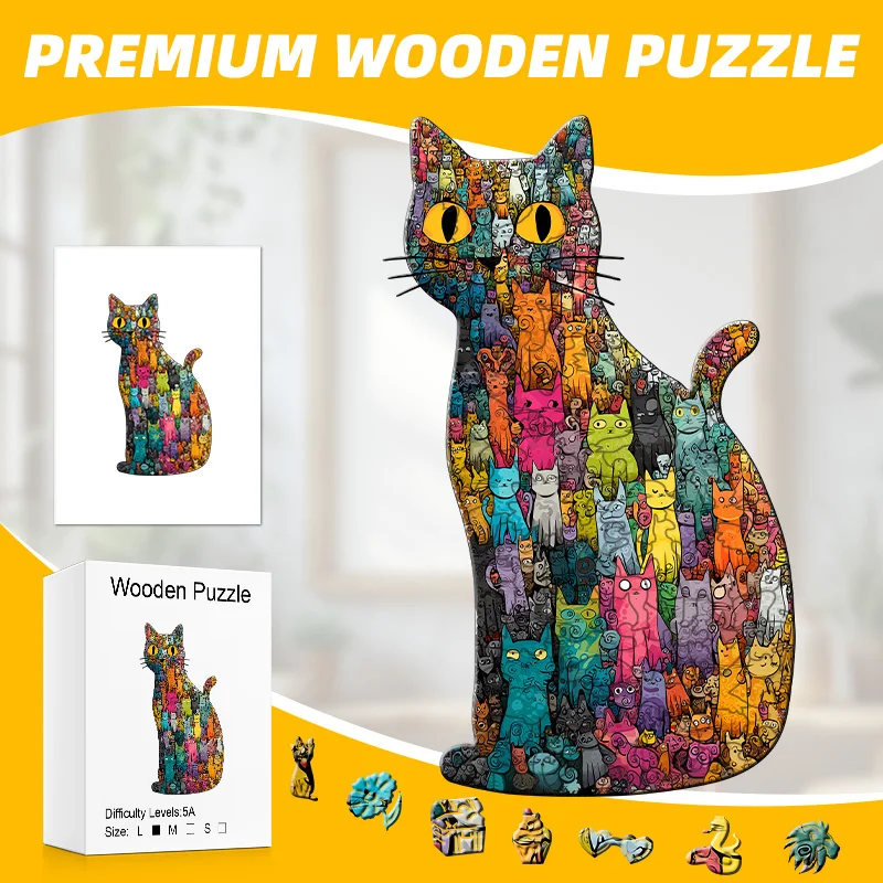 

Wooden Cat Jigsaw Puzzle 5A Difficulty: 3 Sizes (L/M/S), Unique Shapes, Vibrant Colors, Home Decor & Creative Family Gift