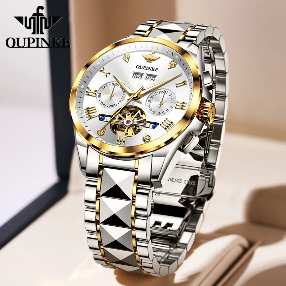 OUPINKE New High-End Automatic Watch for Men Tungsten Steel Skeleton Flywheel Luxury Business 44mm Large Dial Original Man Watch