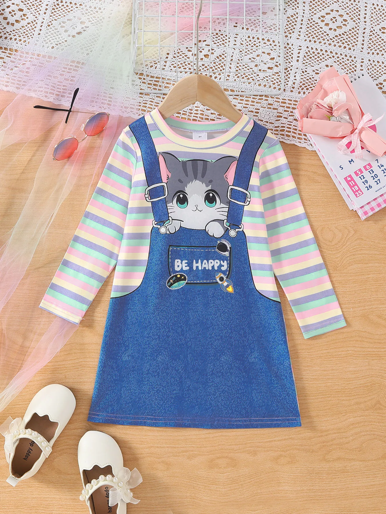 

Girls' Casual Long-Sleeve Cute Cat Print Overall Top T-Shirt