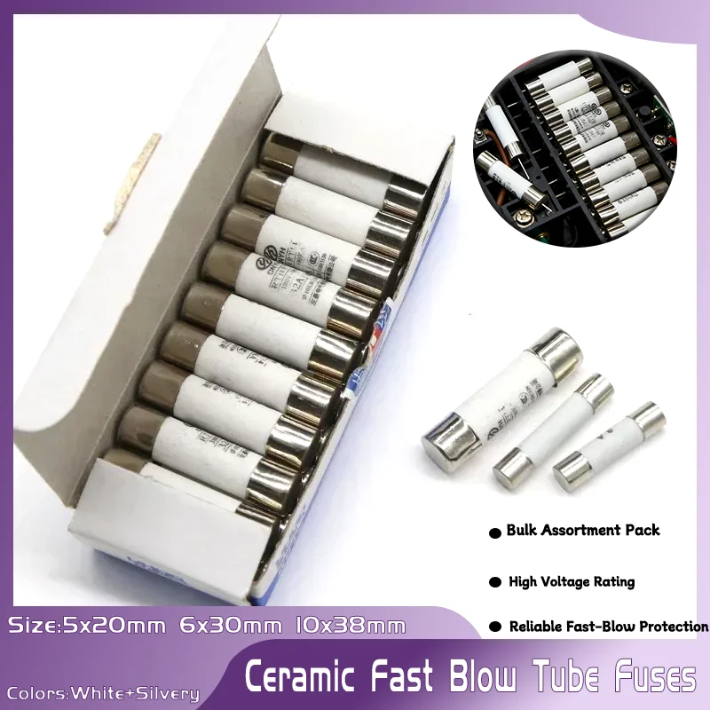 10-100pcs 5x20mm 6x30mm 10x38mm Carton Ceramic Tube Fuses 0.5-32A Fast Blow  Sizes 250V/500V Rating for Electrical Safety Fuses