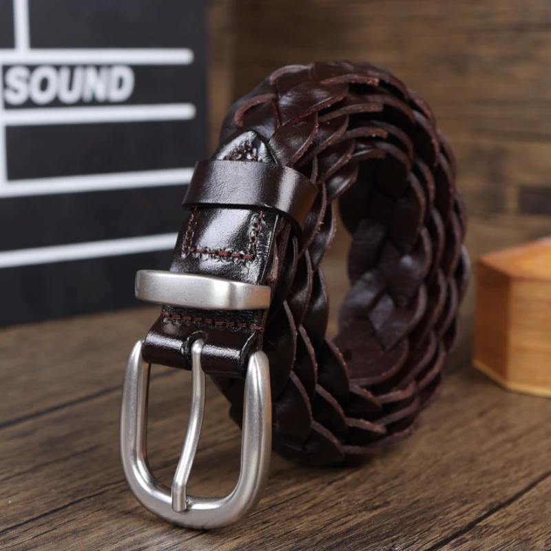 3cm第一層牛革編みベルト、女子高生装飾ジーンズ、ベルト、手作りベルト