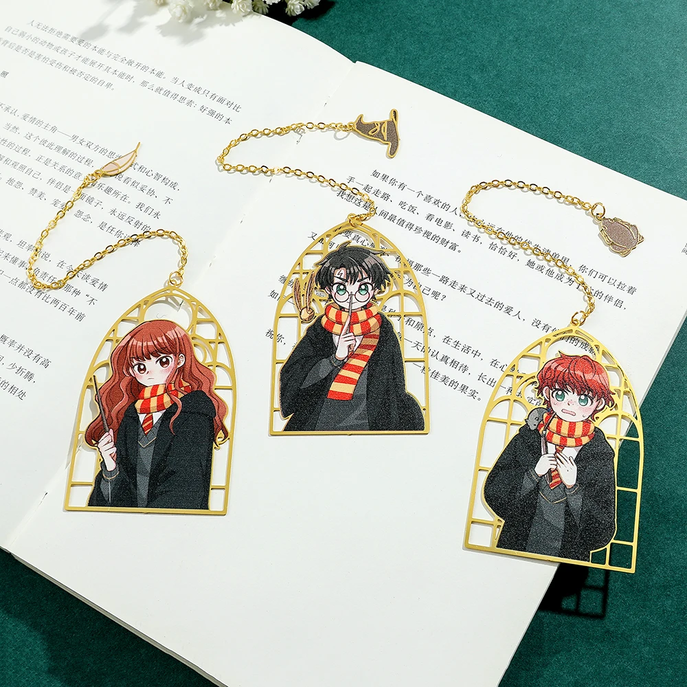 Marcapáginas calado de Metal de Harry Potter de Anime, marcapáginas de dibujos animados de Hermione Granger Ron Weasley, regalos de papelería de estudio escolar mágico