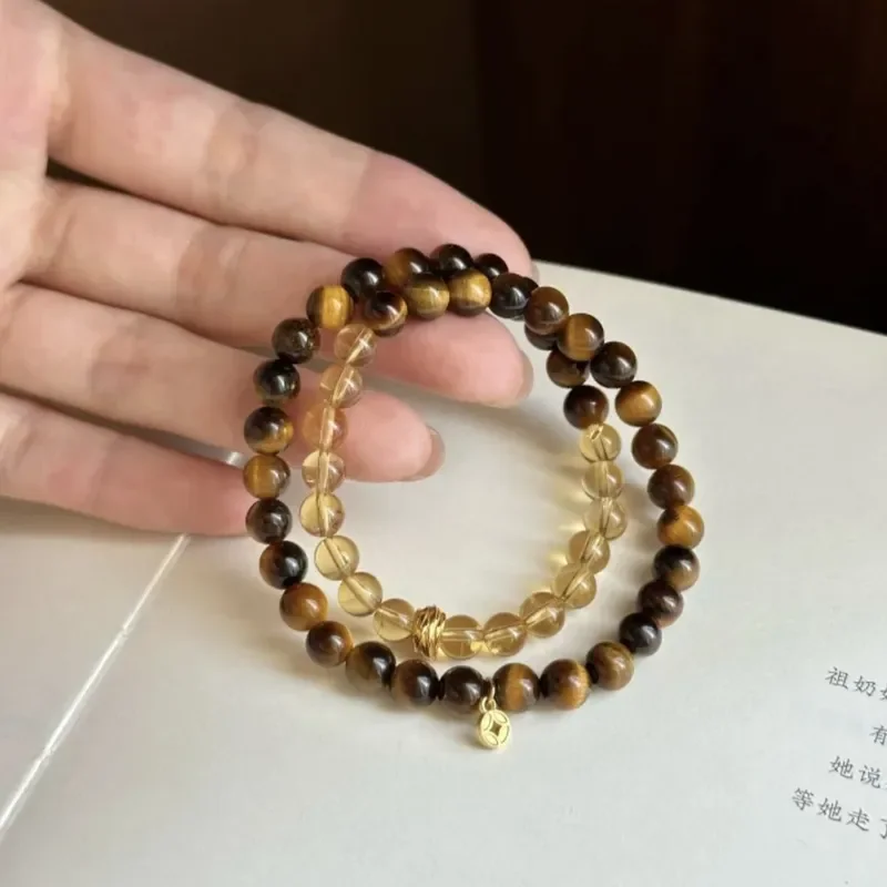Xiaohongshu popular new natural tiger's eye stone citrine bracelet Chinese stacked double ring bracelet good luck and fortune