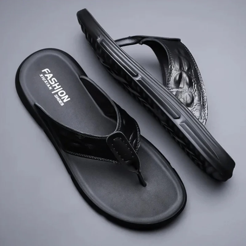 

New Fashion Men Shoes Cow Leather Slippers Trend Print Flip-flops Comfortable Cool Beach Shoes